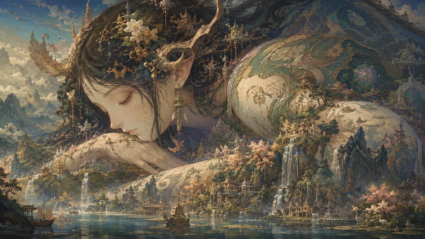 Ethereal fantasy creature emerging from a living mythical landscape