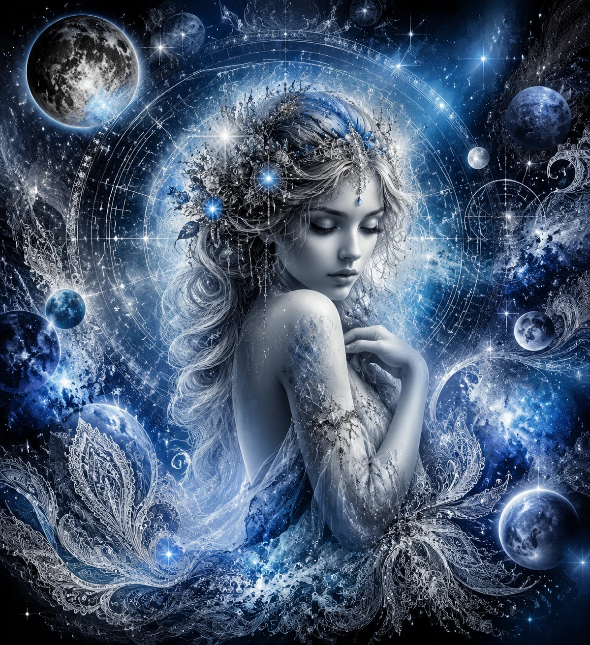 Luminous virgo goddess surrounded by planets and star maps