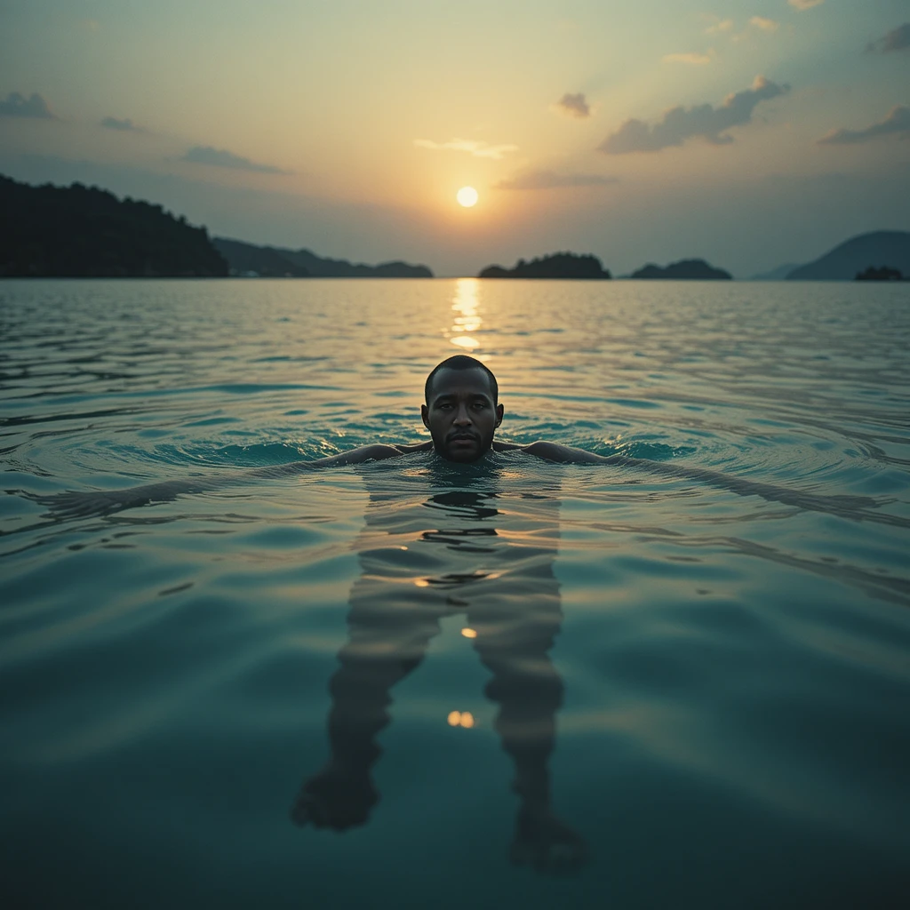 Homme nageant dans un lagon tranquille au coucher du soleil