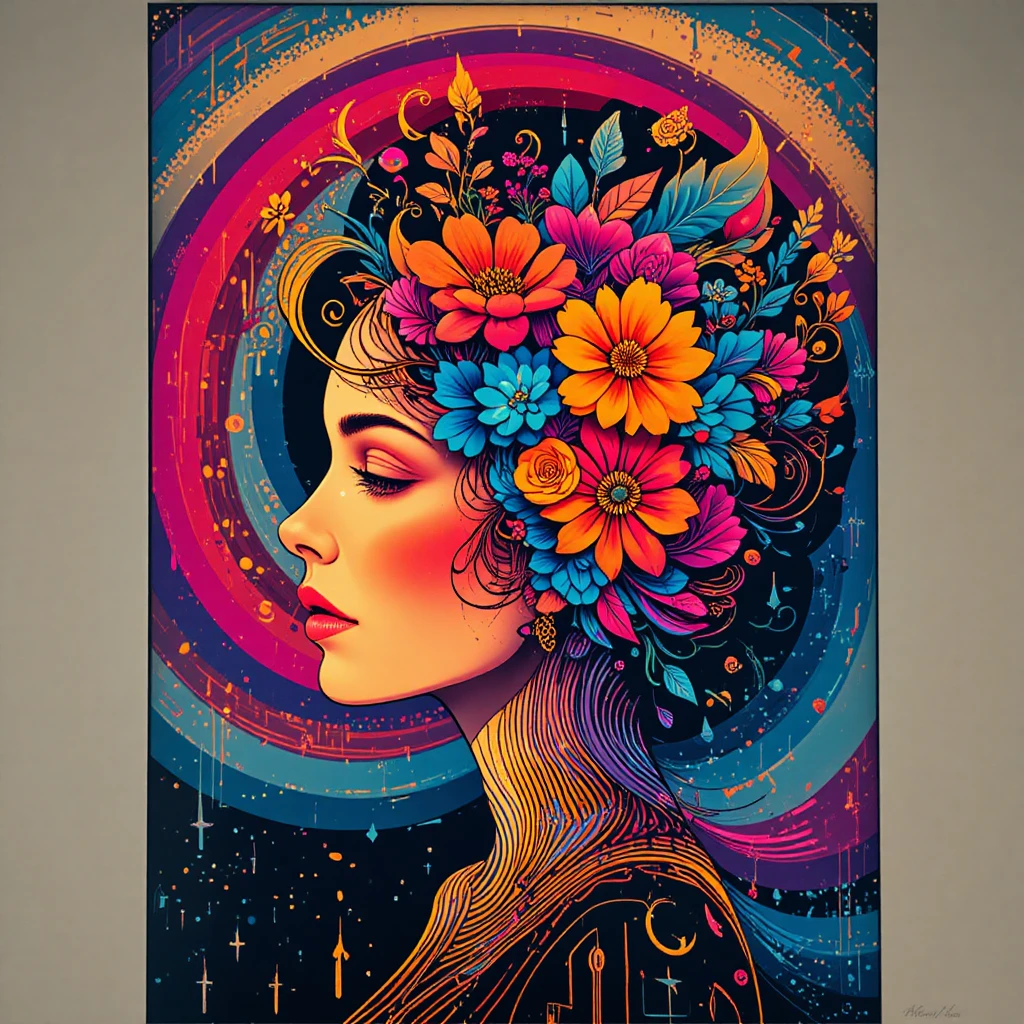 Perfil feminino floral psicodélico com padrões geométricos em espiral
