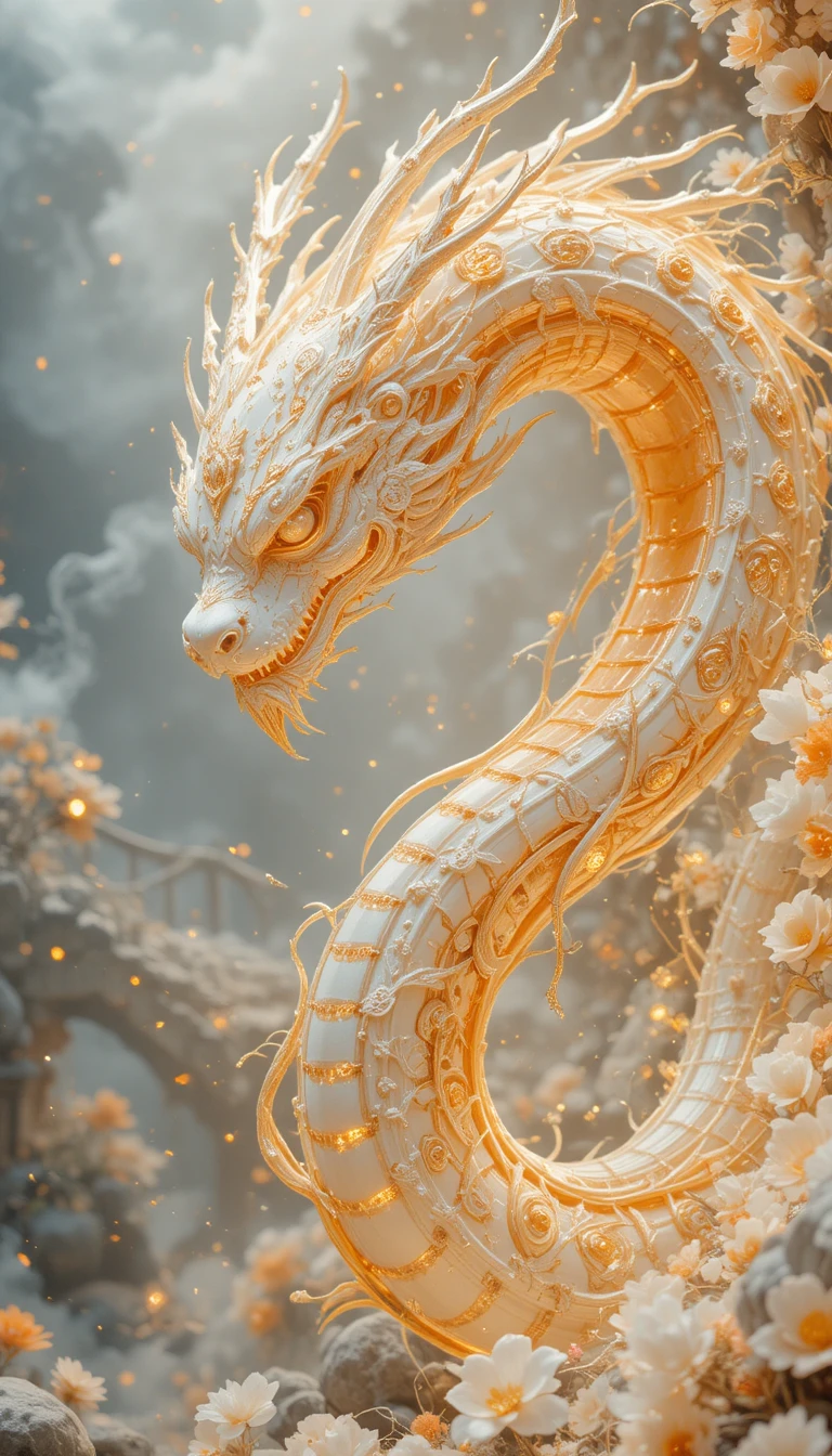 Mythical serpent coiled before a luminous white palace