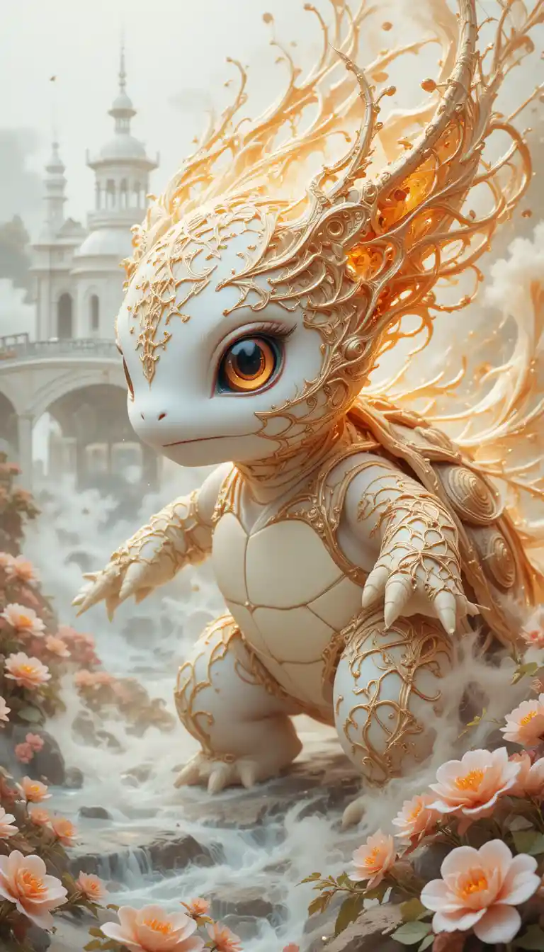 Creatura spirituale mitica vicino a un luminoso palazzo bianco fantasy