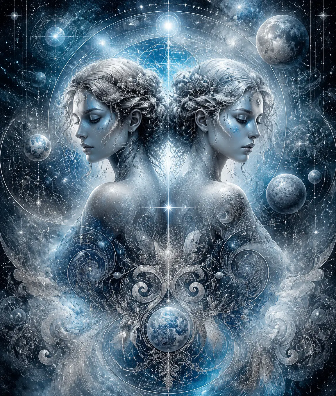 Luminescent Gemini zodiac twins with cosmic maps and paisley