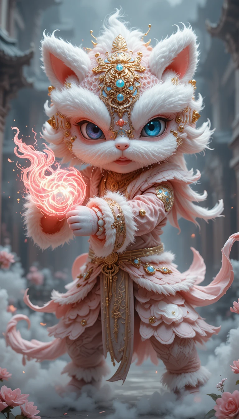 Guerreiro felino místico em desenho animado conjurando chama rosa brilhante