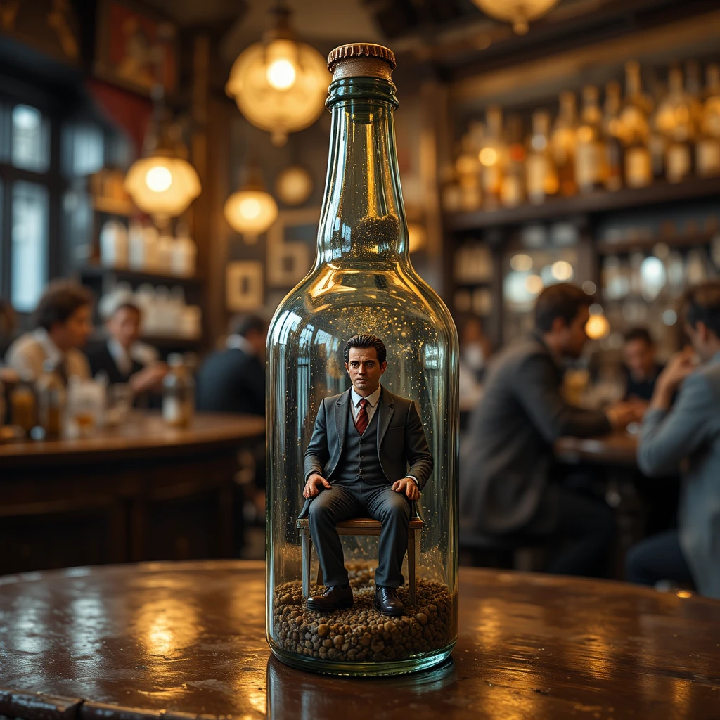 Homme miniature dans une bouteille en verre dans un bar animé