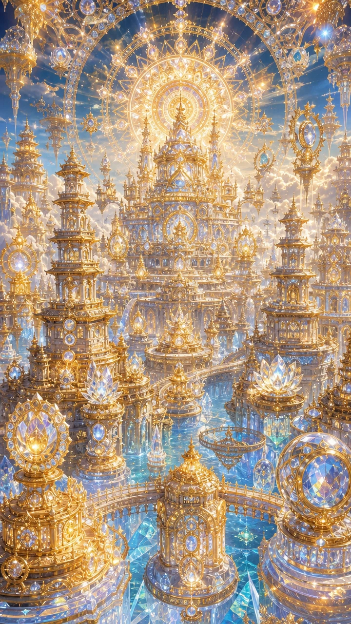 Imensa cidade-templo de cristal sob um céu sagrado de mandala
