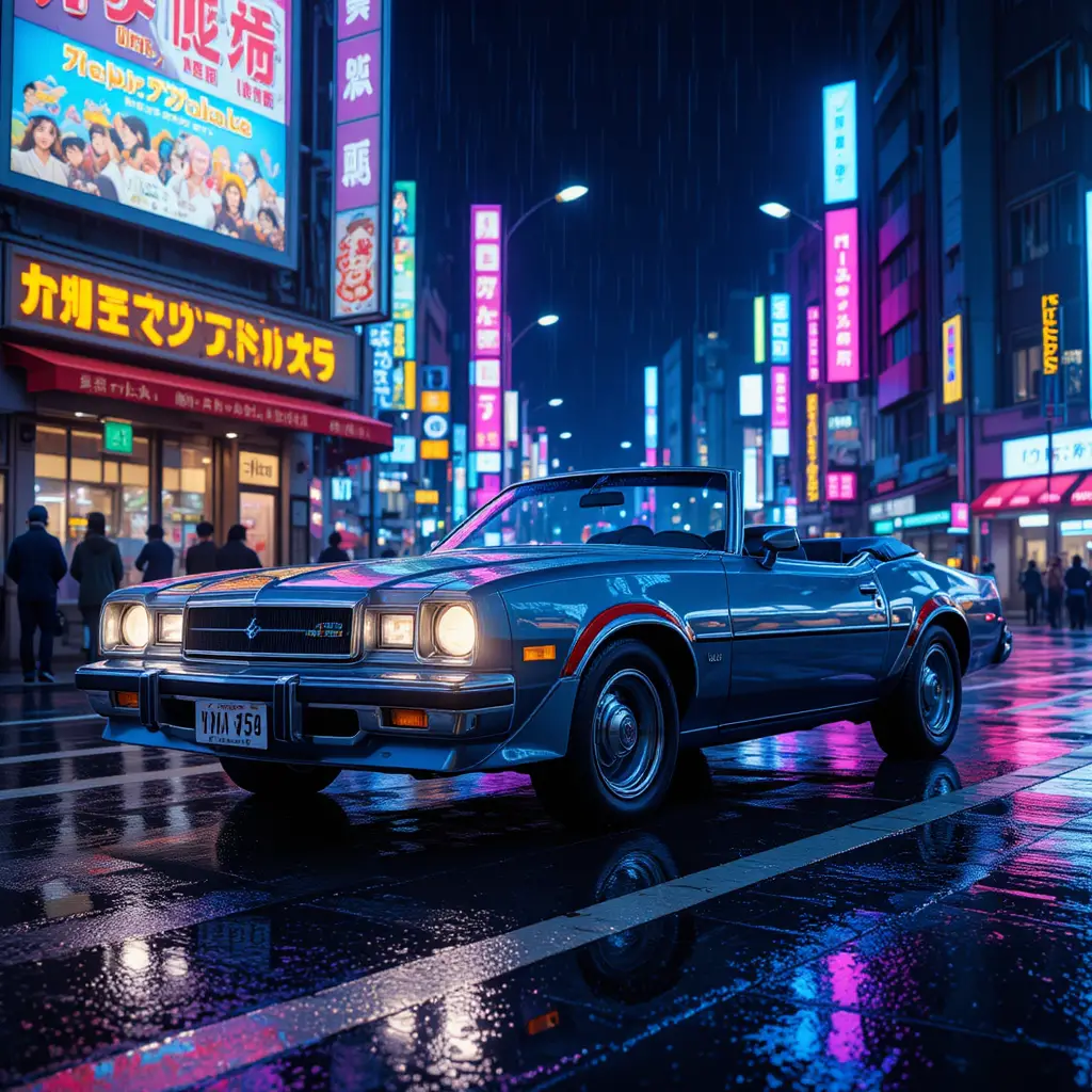 霓虹燈照亮的夜晚澀谷街頭上的復古敞篷車