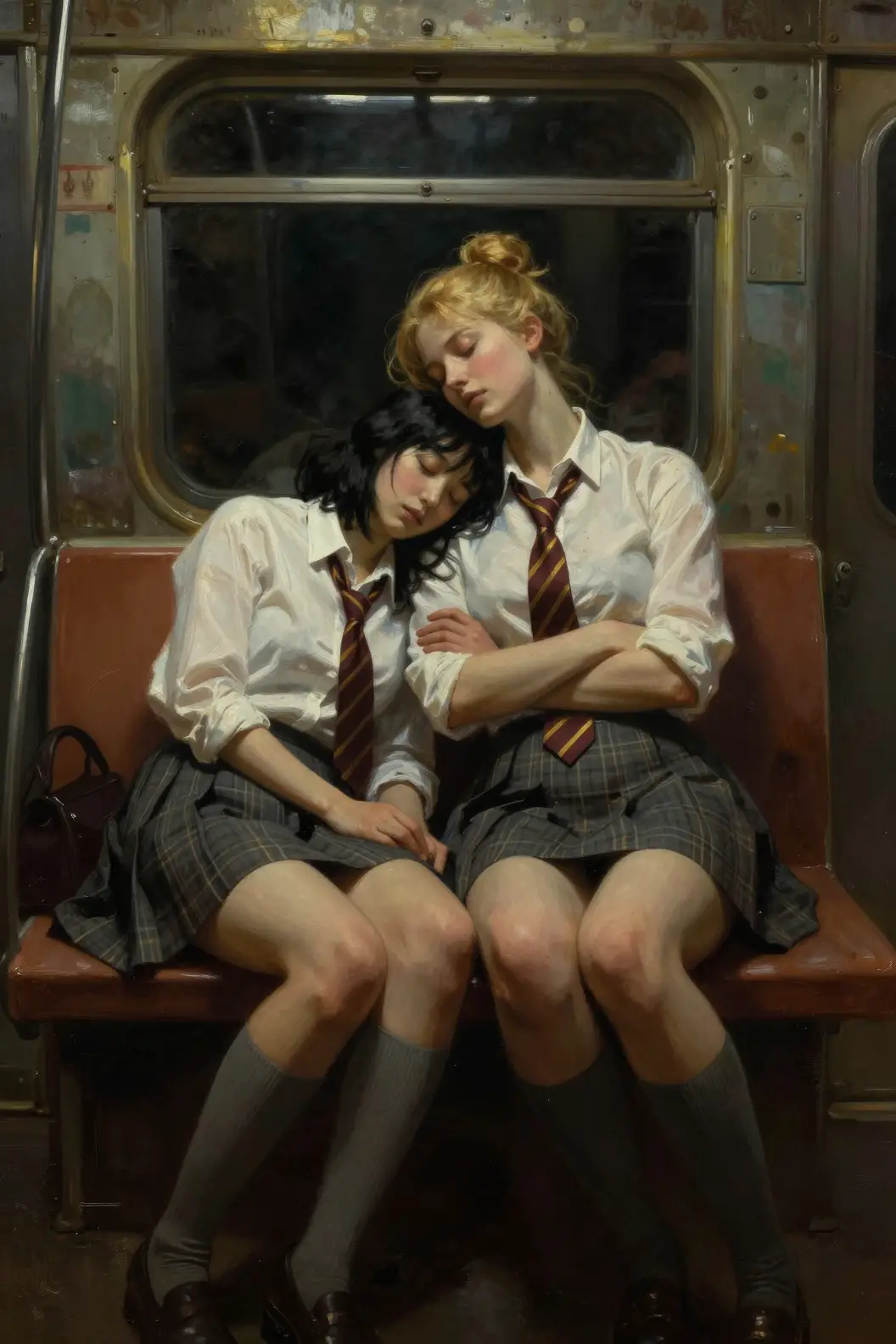 Two schoolgirls sleeping on a dim subway at night