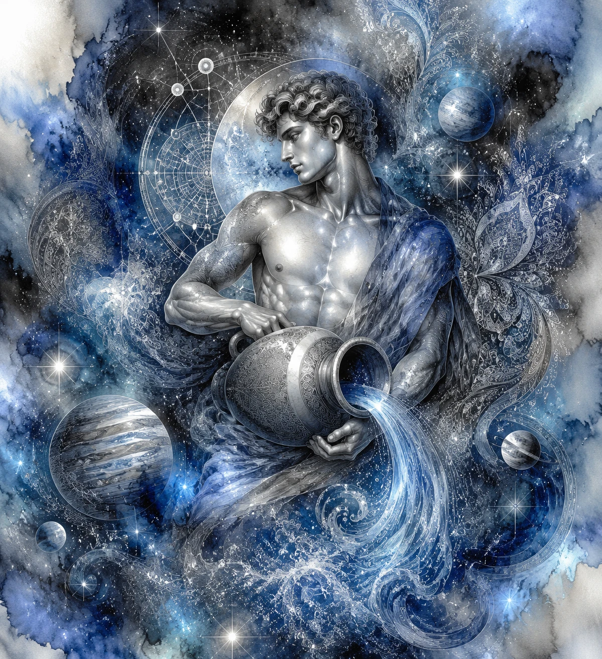 Aquarius zodiac moodboard with glowing cosmic illustration