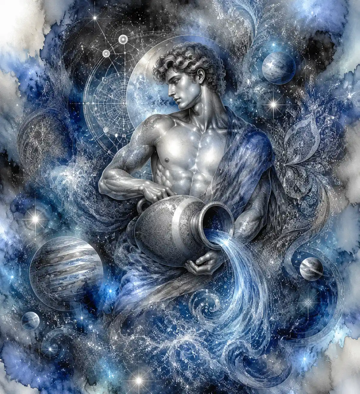 Aquarius zodiac moodboard with glowing cosmic illustration