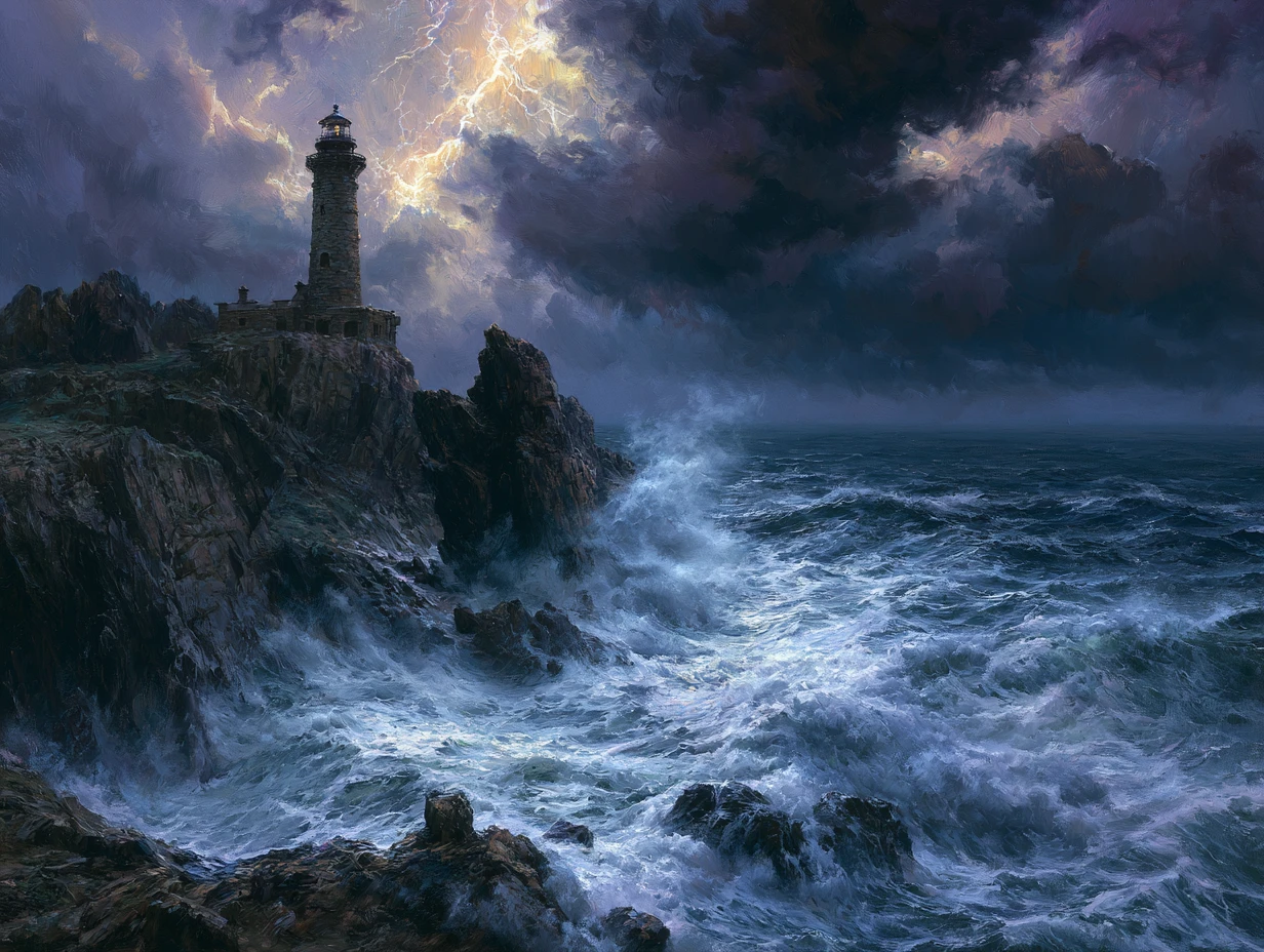 Stormy sea lighthouse on a jagged cliff at night