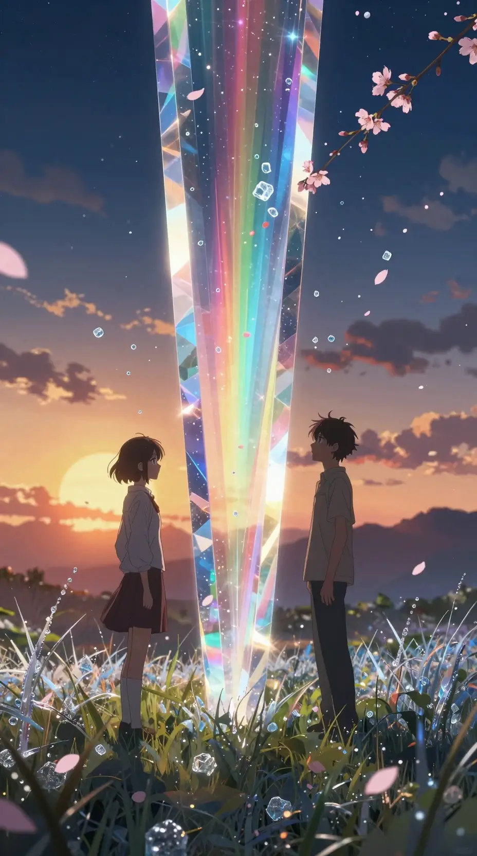 Two anime figures divided by a glowing crystal prism