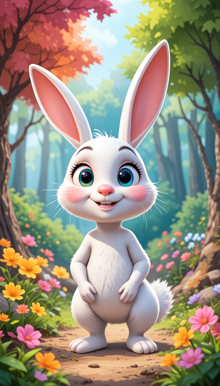 Coelhinho branco fofo sorrindo em uma ilustração de floresta colorida