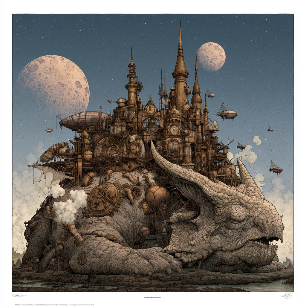Cidade steampunk de engrenagens nas costas de um dragão colossal