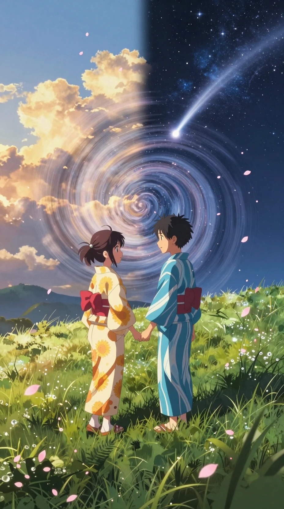 Coppia anime su una collina erbosa luminosa sotto cieli vorticosi