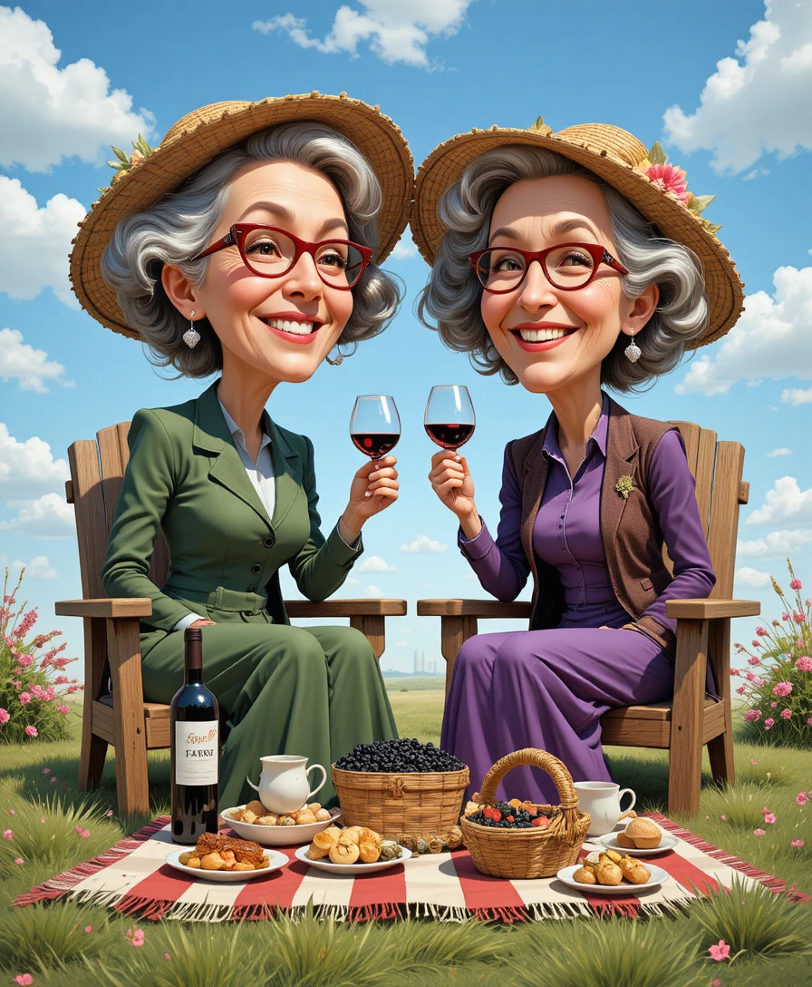 Mujeres mayores riendo y compartiendo vino en un picnic soleado