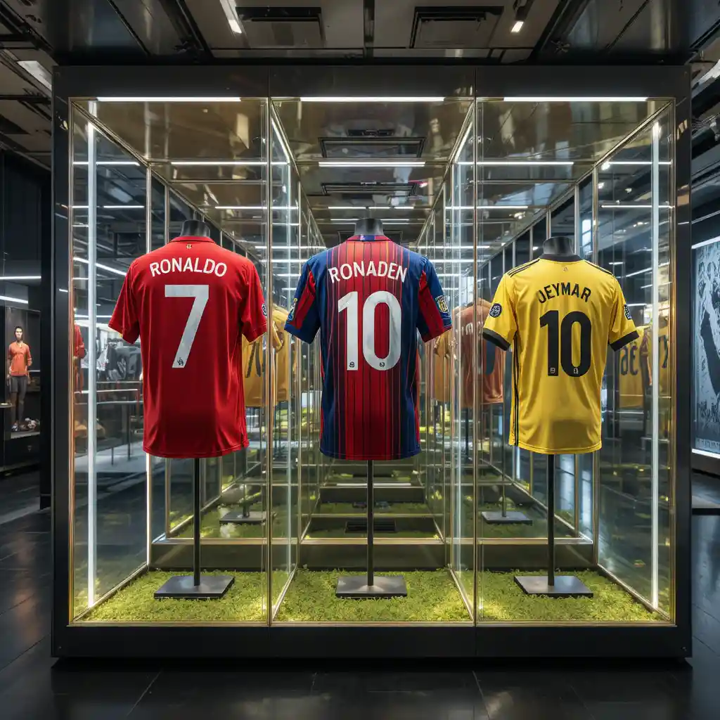 Museo futuristico con maglie di calcio leggendarie in teche di vetro