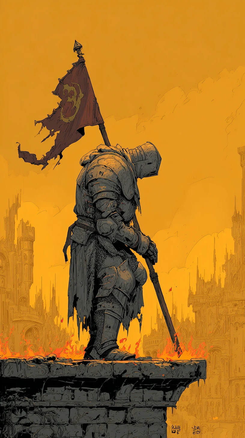 Paladin en armure avec drapeau en flammes sur le mur d’une forteresse en ruines