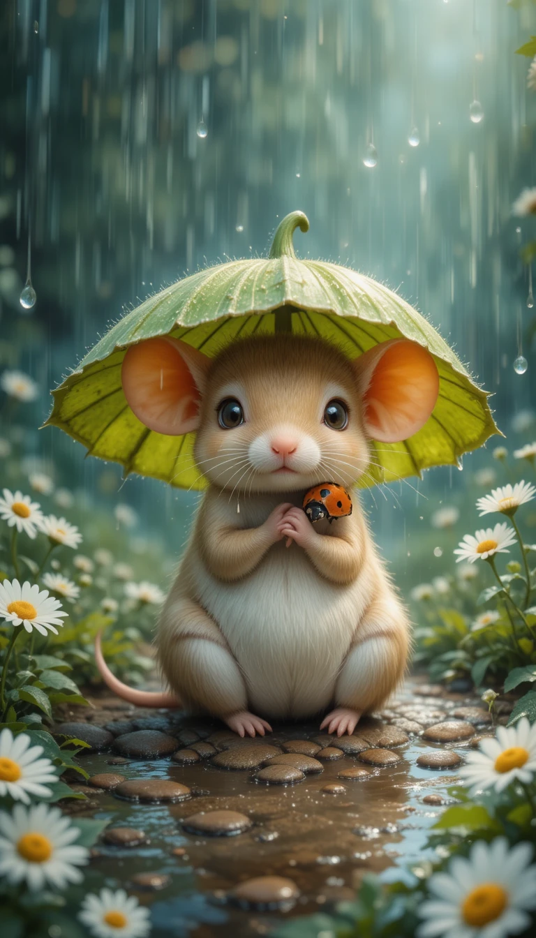 Rato minúsculo se abriga sob um guarda-chuva de folha na chuva