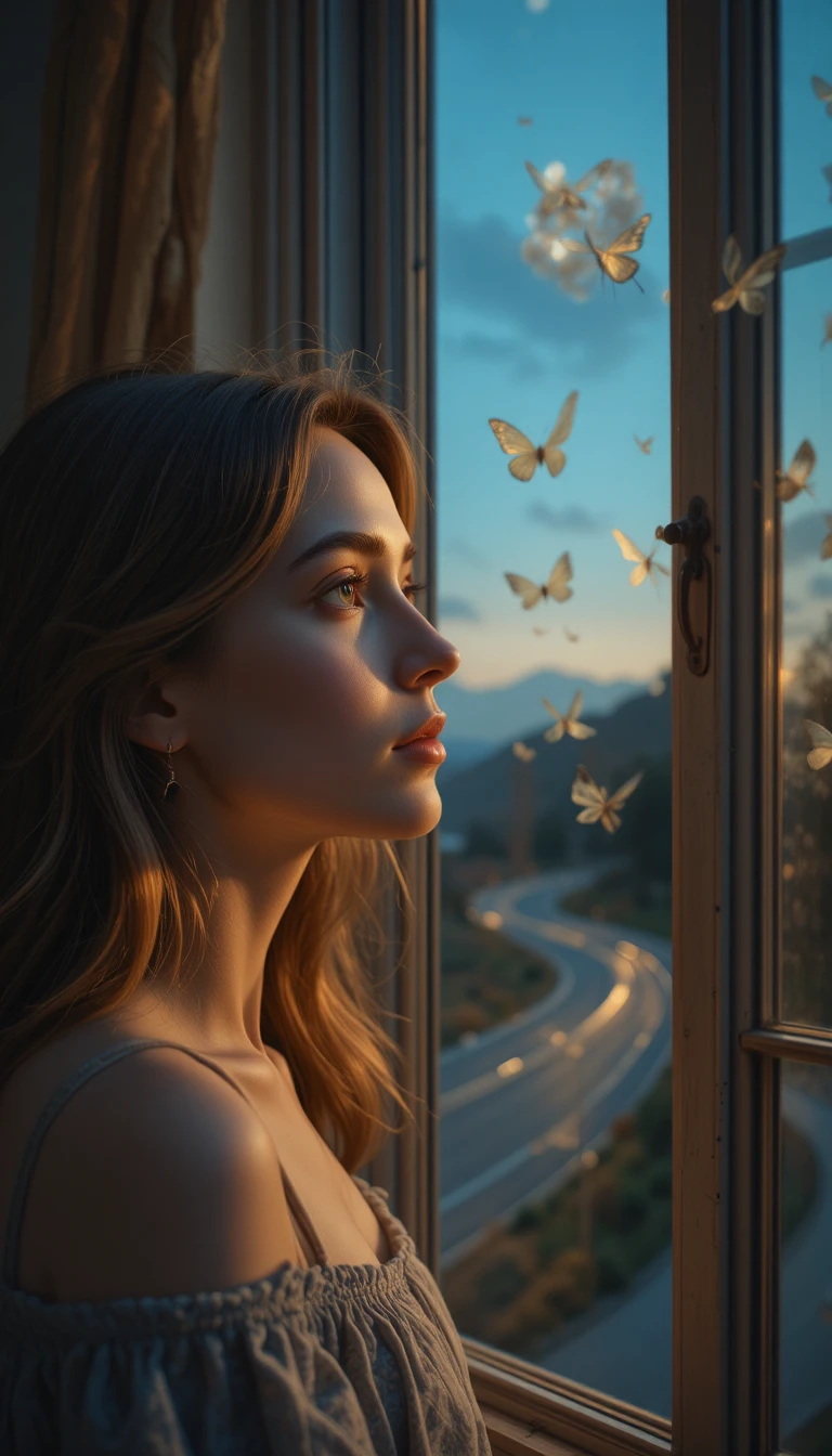Thoughtful middle aged woman gazing out a twilight window