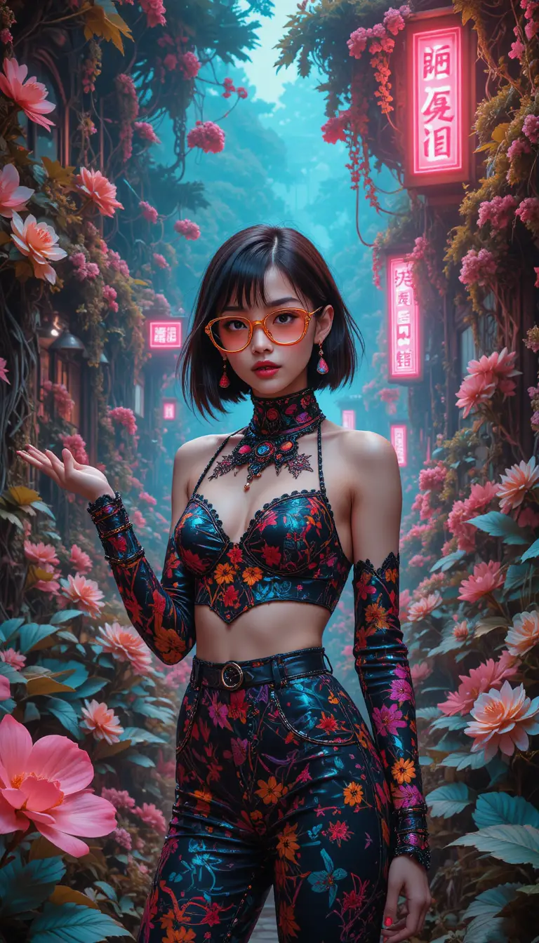 發光叢林中的超現實前衛時尚女子