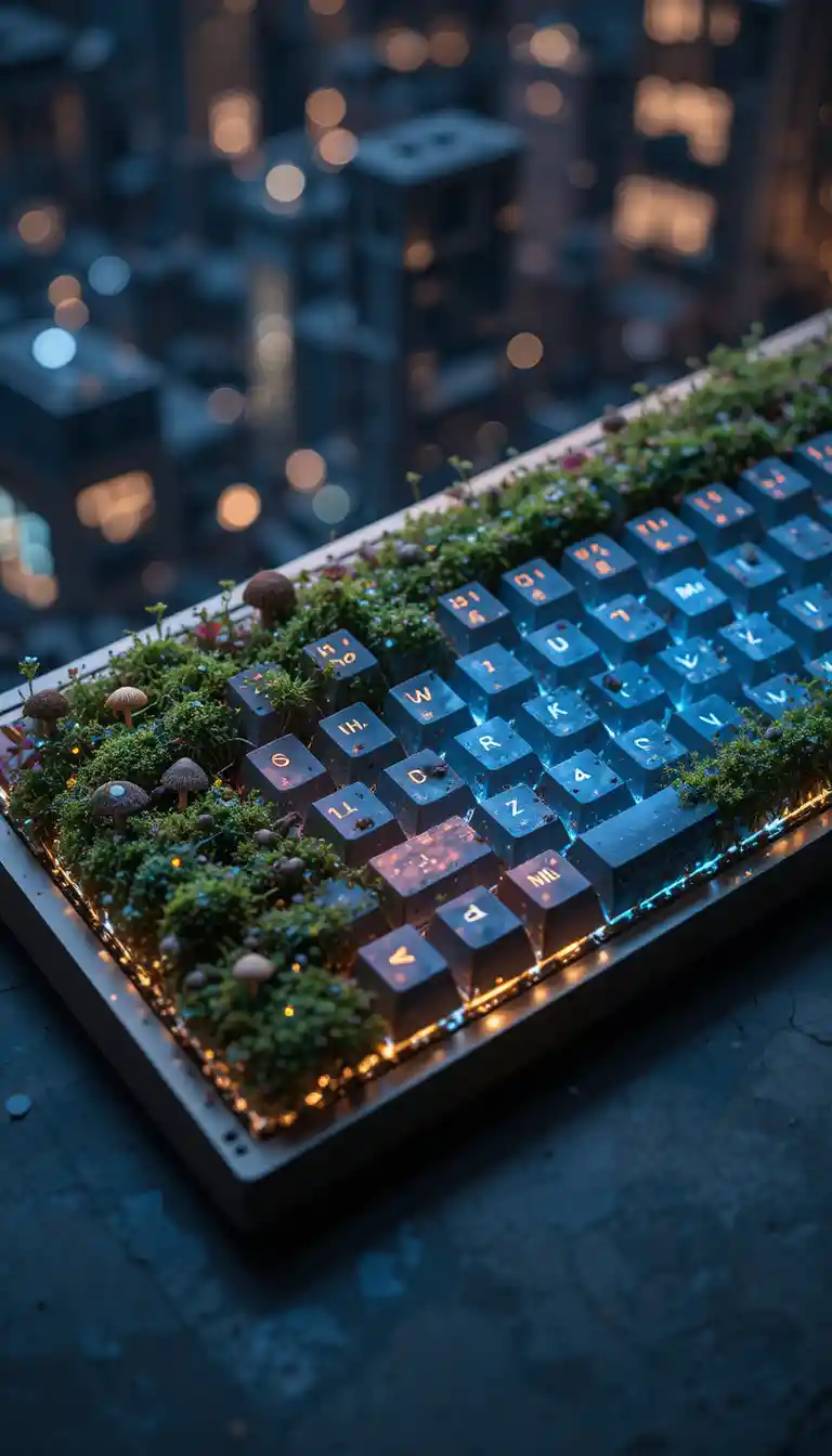 Mechanische Tastatur aus Moos und Glas in Draufsicht