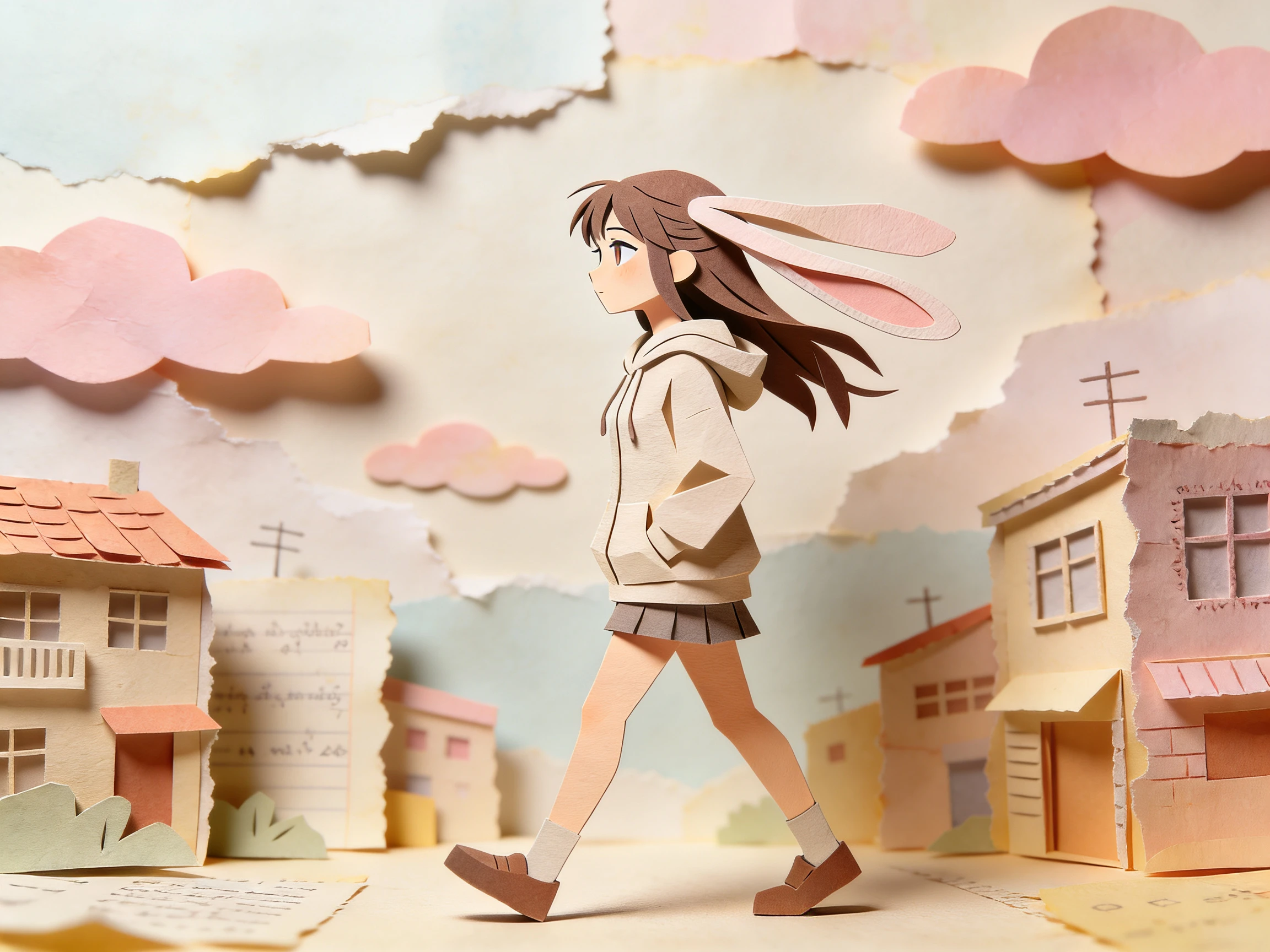 Anime-Frau, die durch eine pastellfarbene Papier-Collage-Stadtlandschaft geht