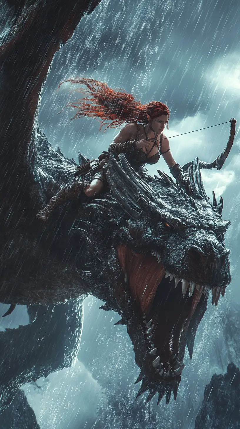 Amazon warrior riding a dragon through stormy moonlit sky