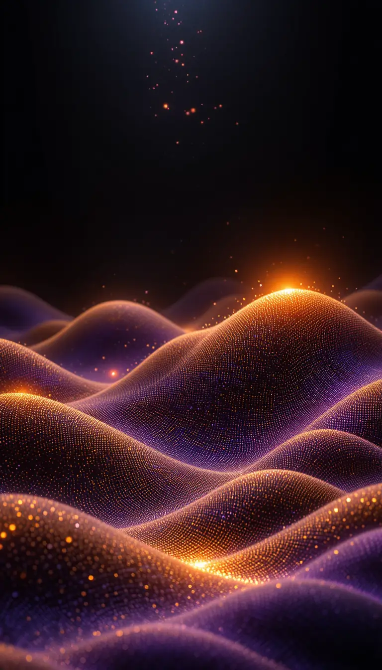 Dynamic 3D grid waves with glowing particles in darkness