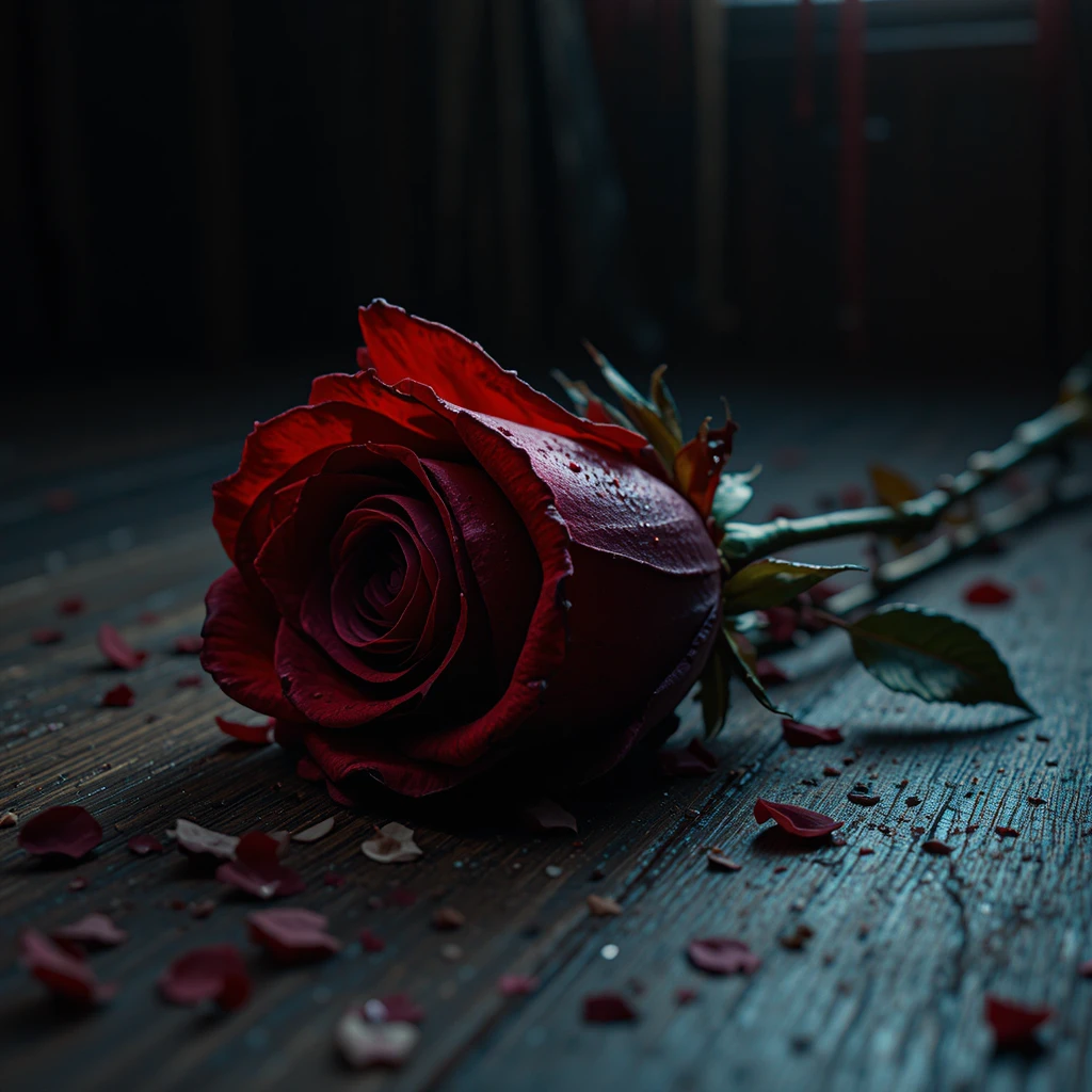 Rosa rojo oscuro sobre mesa de madera desgastada entre sombras