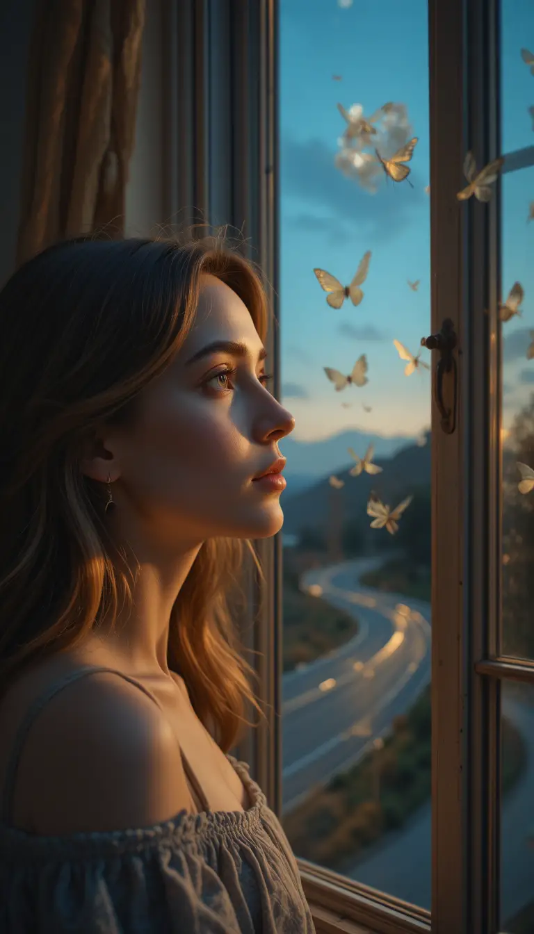 Femme réfléchie d’âge mûr regardant par une fenêtre au crépuscule