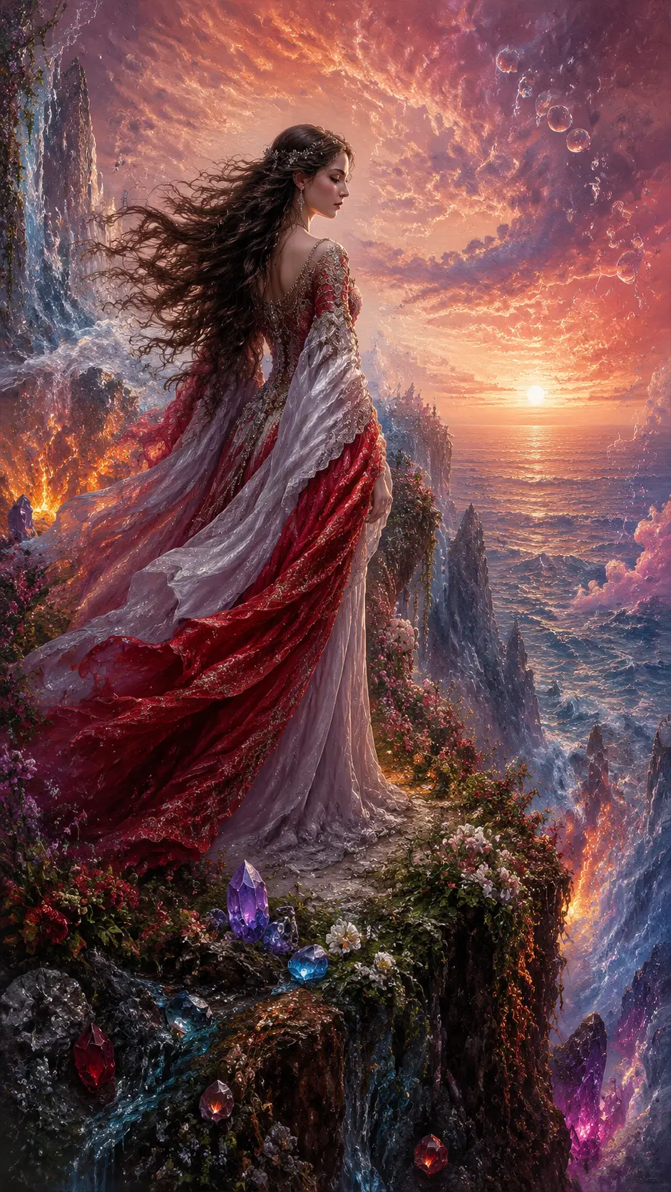 Woman in layered gown on a cliff above the sea