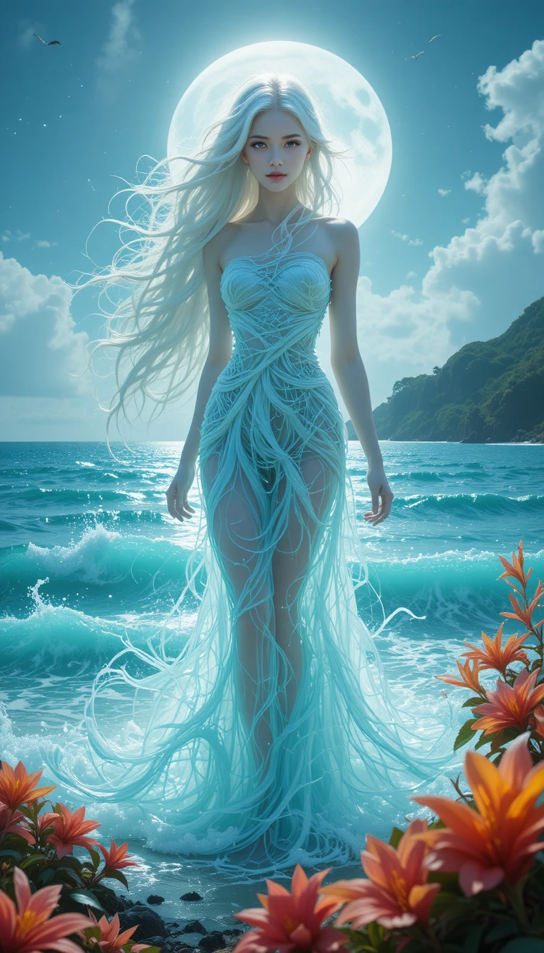 Donna dai capelli platino sulla riva di un mare tropicale turchese