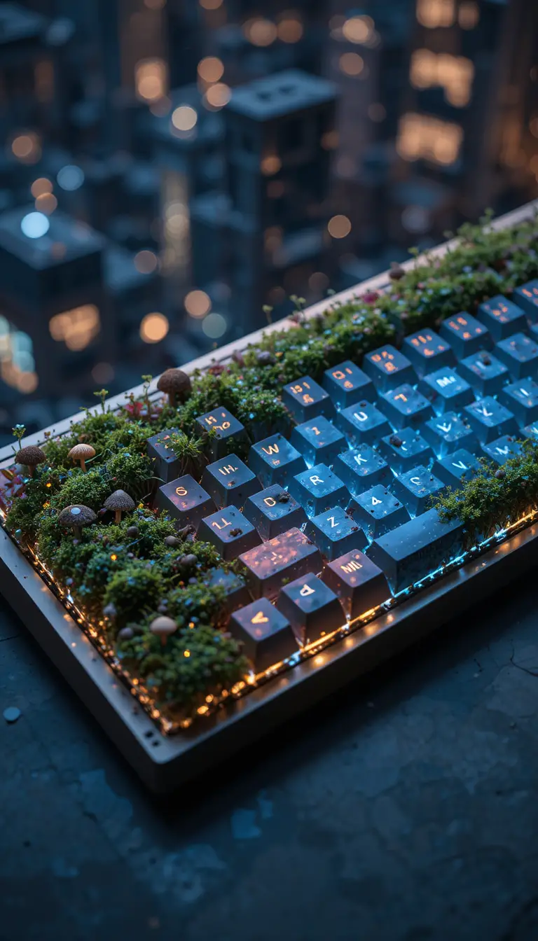 Teclado Mecánico de Musgo y Vidrio en Vista Cenital