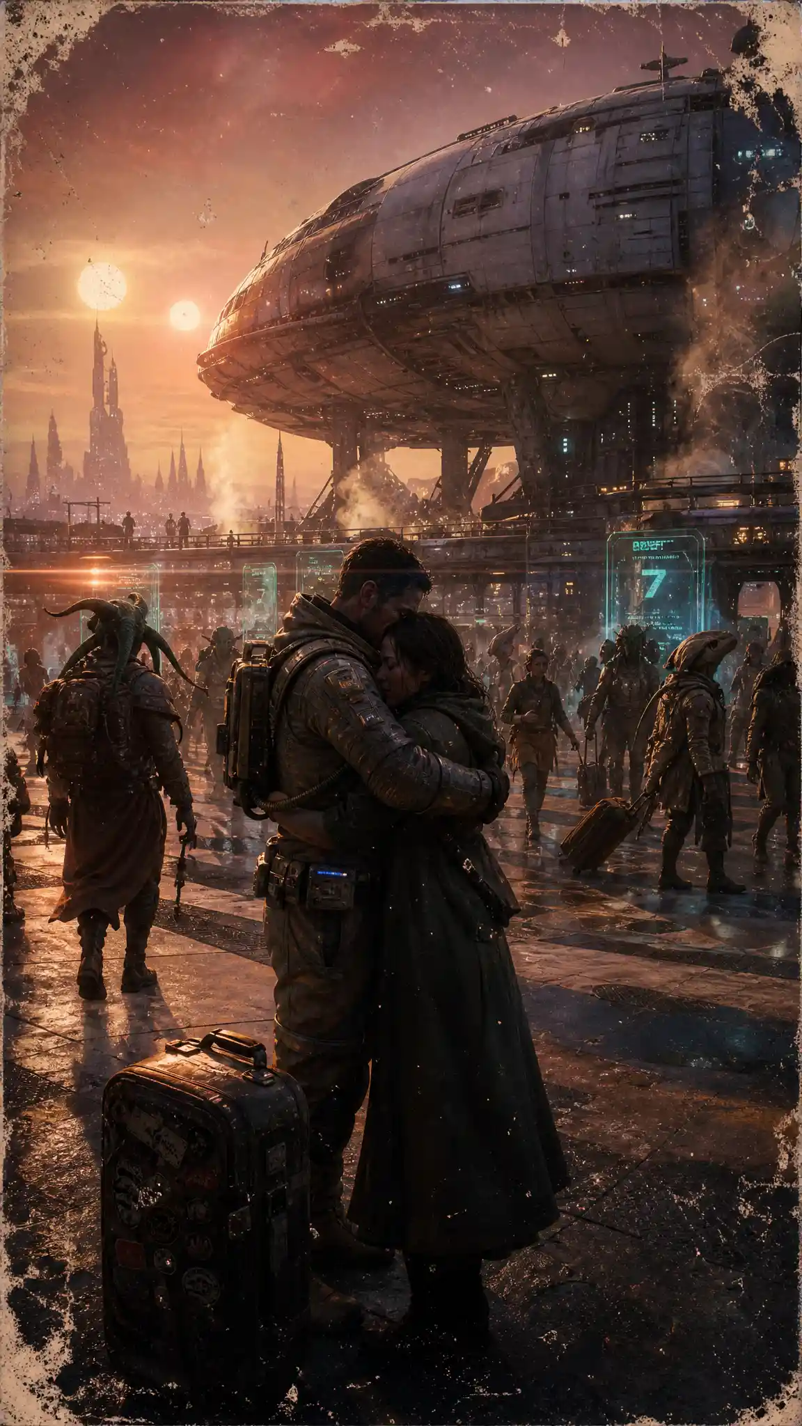 Emotional farewell embrace at a futuristic interstellar spaceport