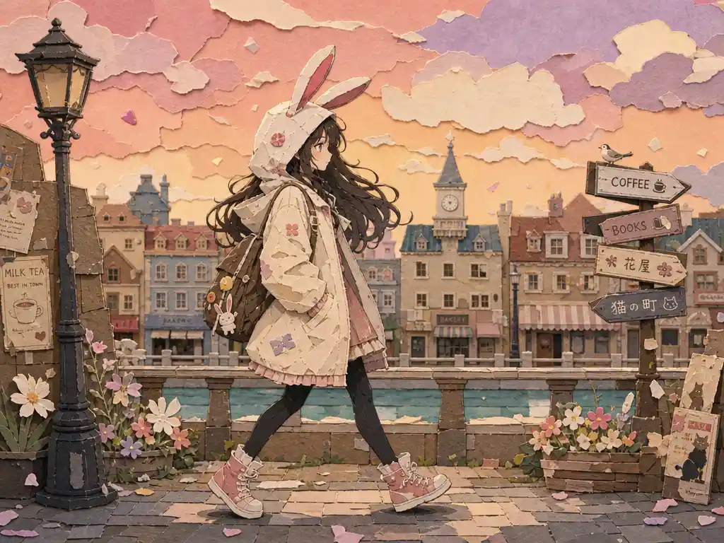 Anime woman walking in pastel paper collage scene