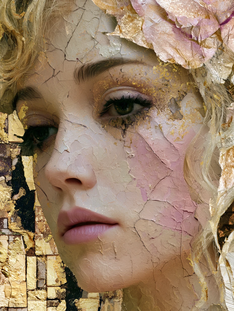 Whimsical woman in metallic mixed media dreamscape portrait
