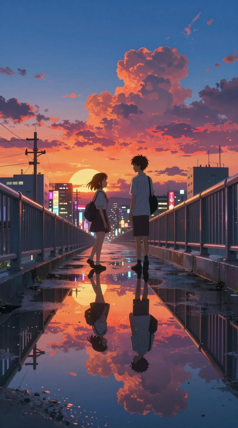 Anime-Schüler überqueren eine Stadt-Fußgängerbrücke in der Dämmerung