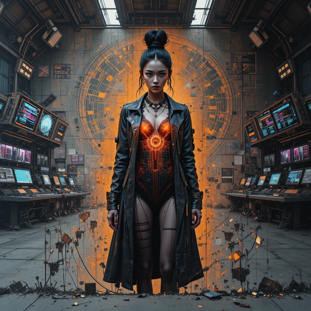 Cyber femme mural in abandoned orbital command center interior