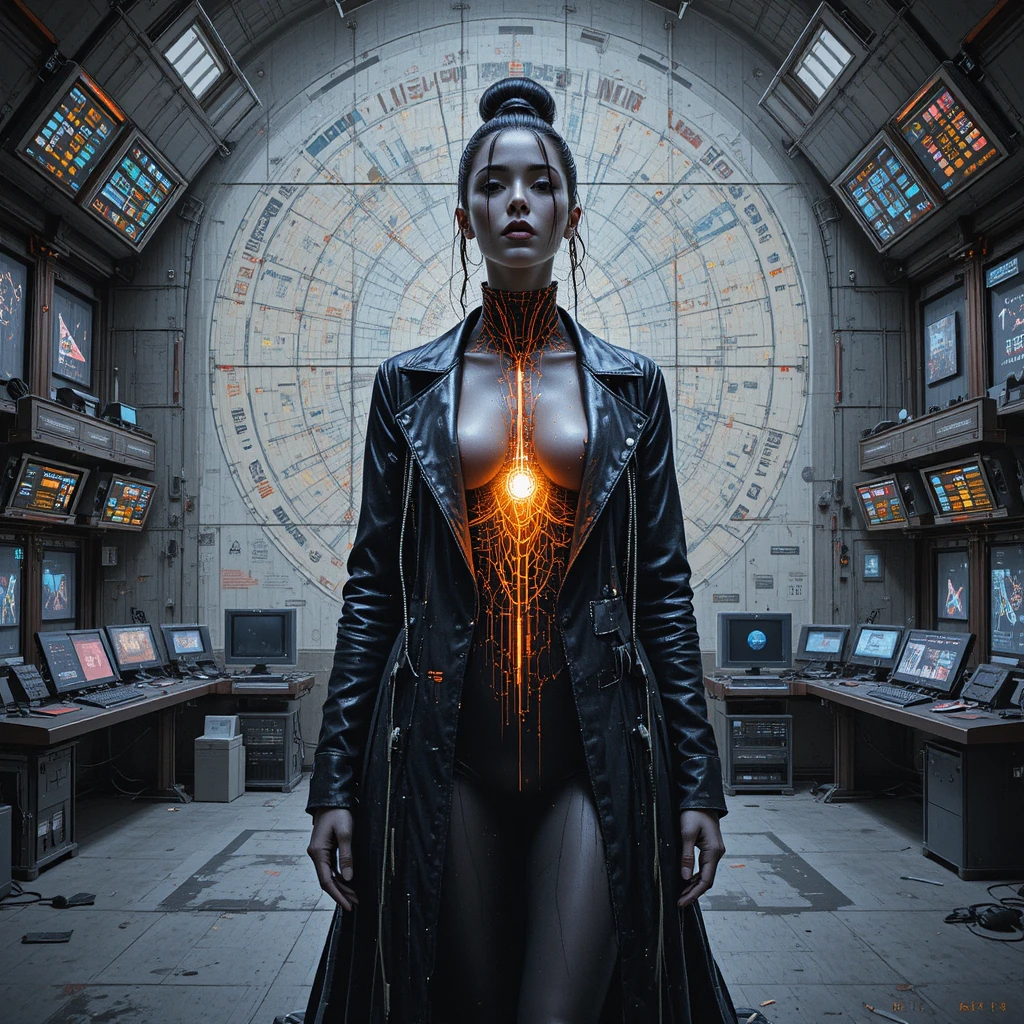 Fresque cyberpunk d’une femme au noyau mécanique lumineux
