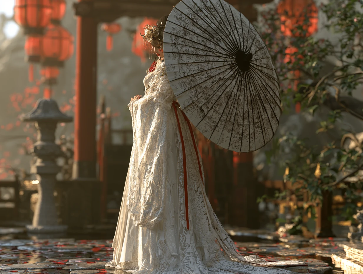 Elegante Frau im weißen Gewand mit bemaltem Sonnenschirm in Fantasiestadt