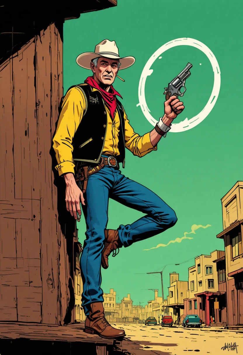 Cowboy em desenho animado encostado em estrutura de madeira com revólver