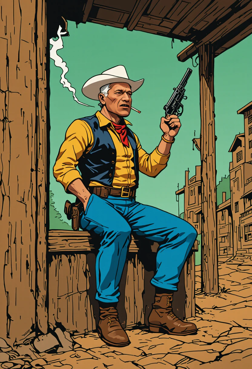 Cowboy em estilo de quadrinhos encostado com revólver em fundo verde