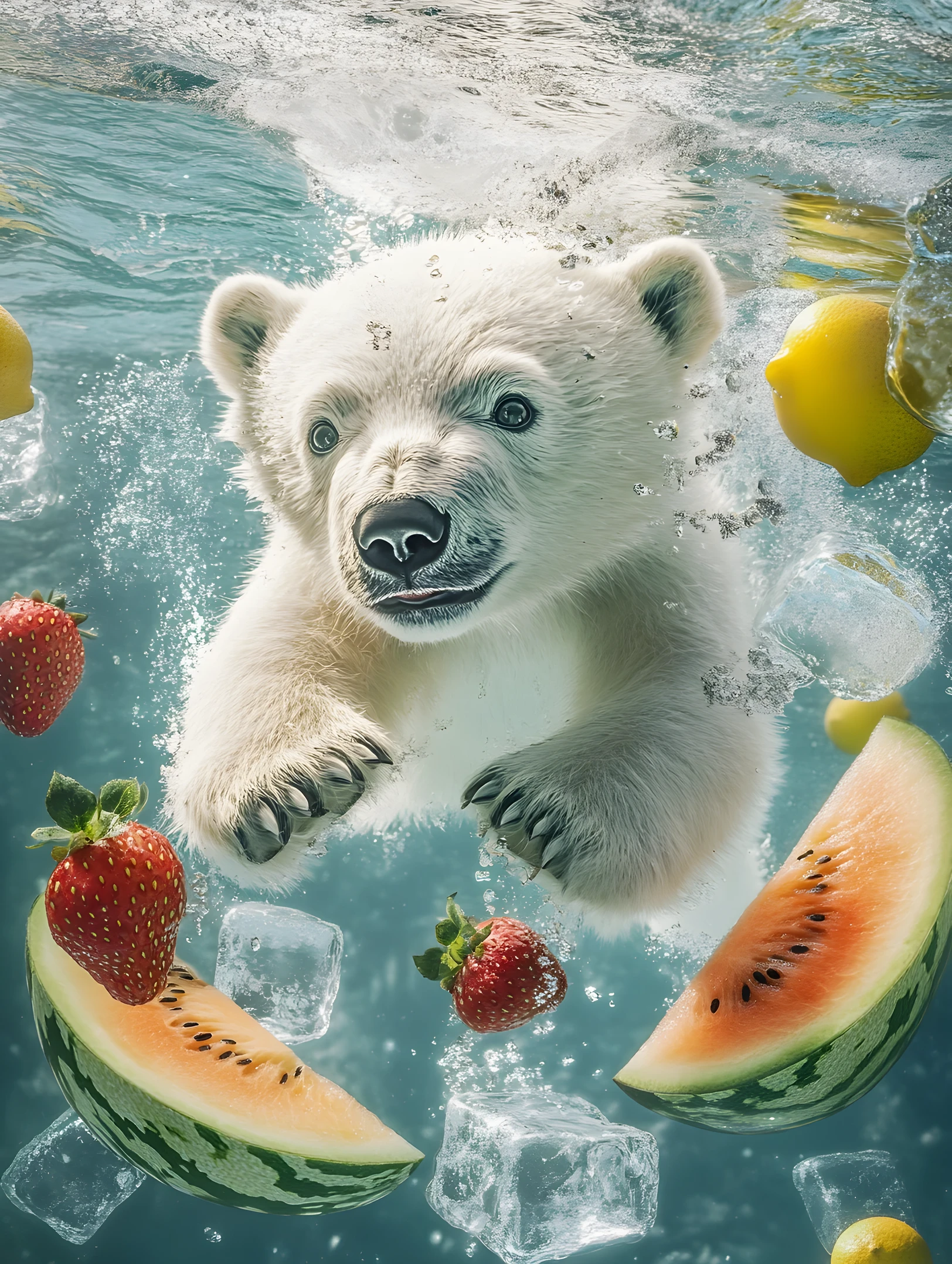 Pequeno urso-polar nadando debaixo d’água com frutas flutuantes