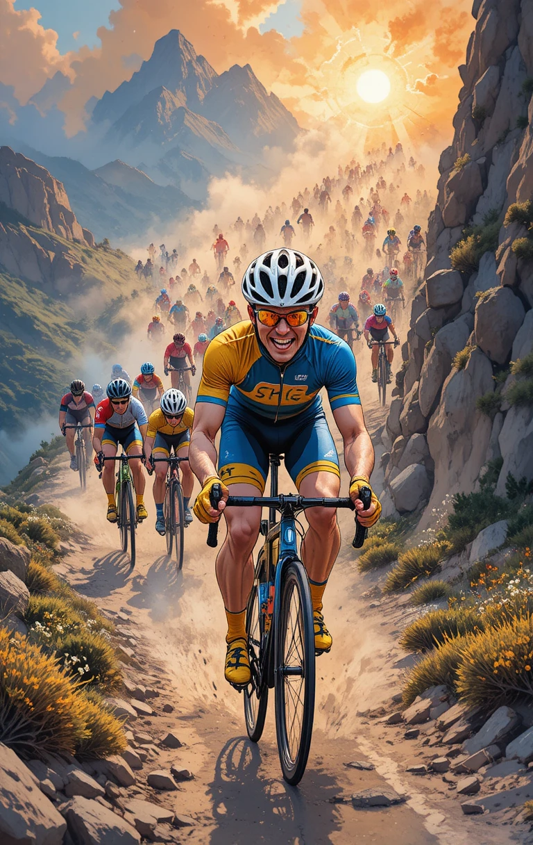 Cartoon cyclist racing hard on a steep mountain trail