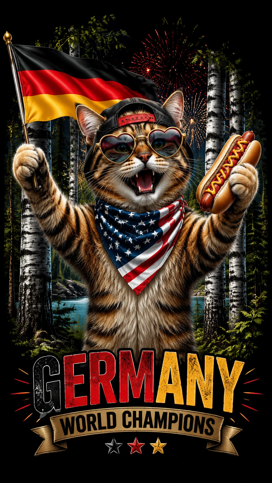 Chat joueur fêtant avec le drapeau allemand dans la forêt
