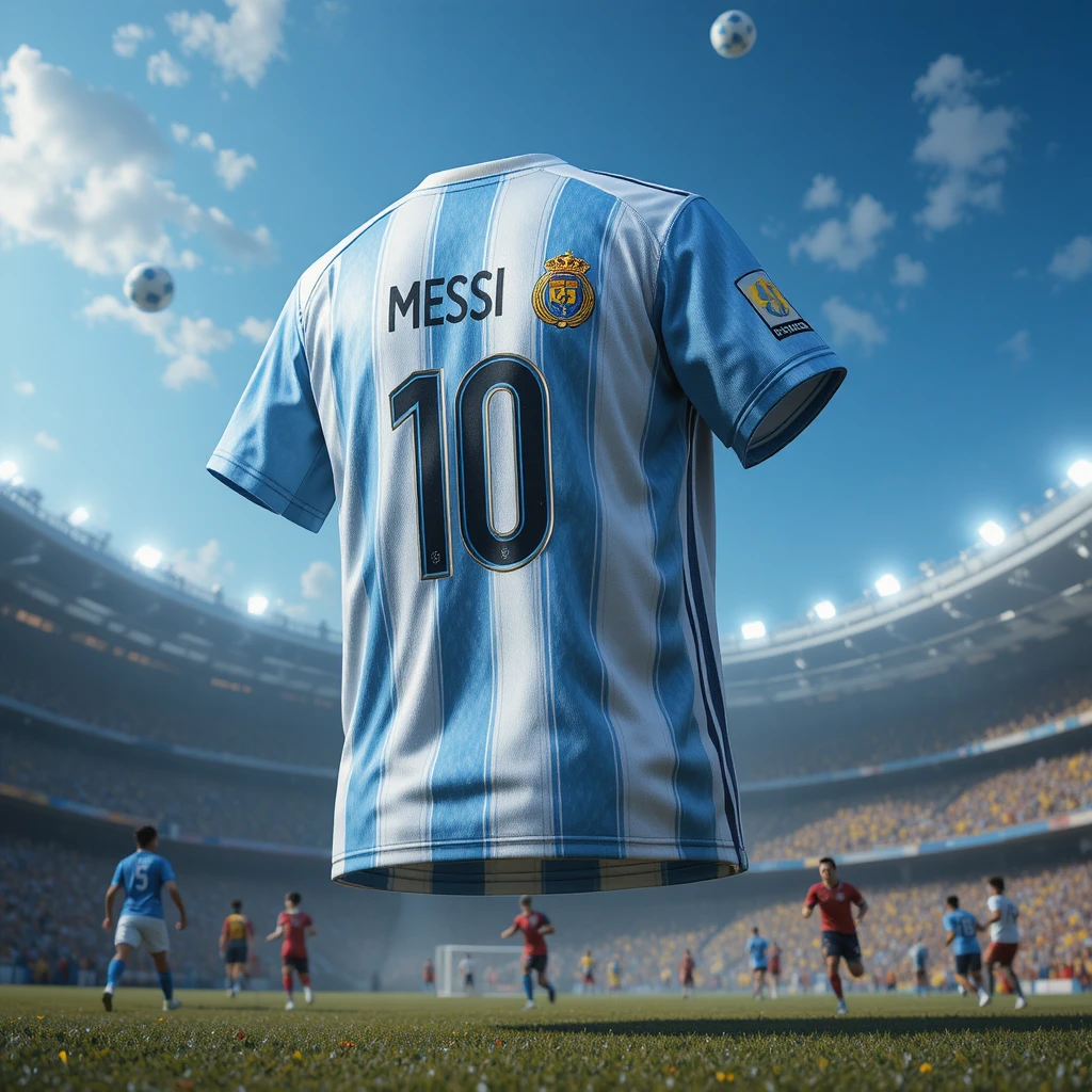 Maglia dell'Argentina che fluttua accanto al trofeo della Coppa del Mondo