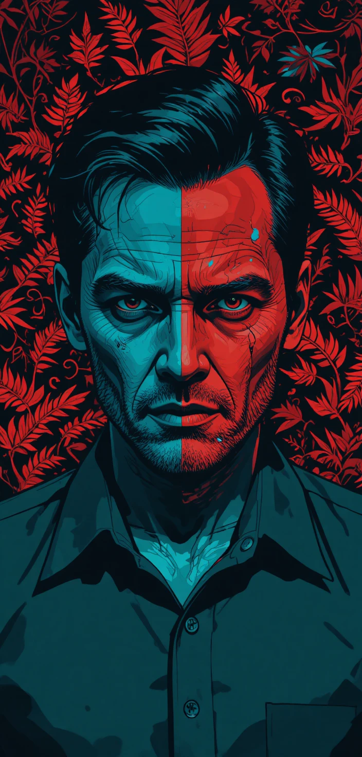 Retrato gráfico de um homem marcado em tons de vermelho e verde-azulado