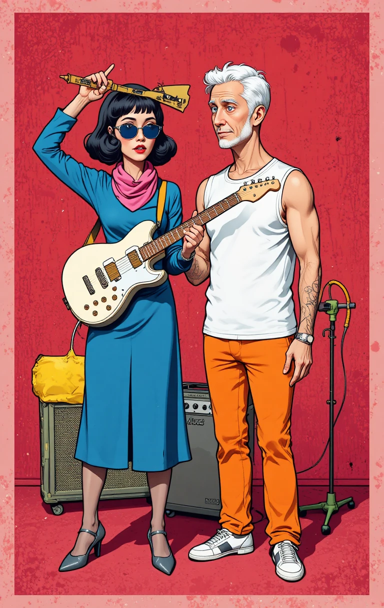 Mulher em desenho animado erguendo guitarra elétrica em sala vermelha surreal