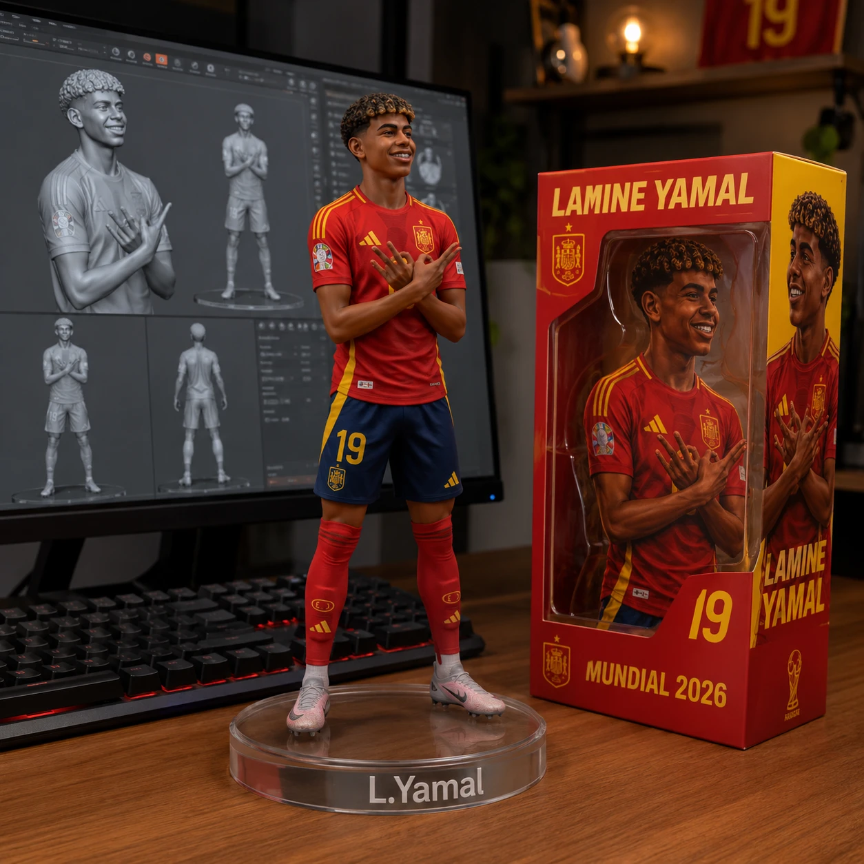 Realistic Lamine Yamal football figure on a computer desk